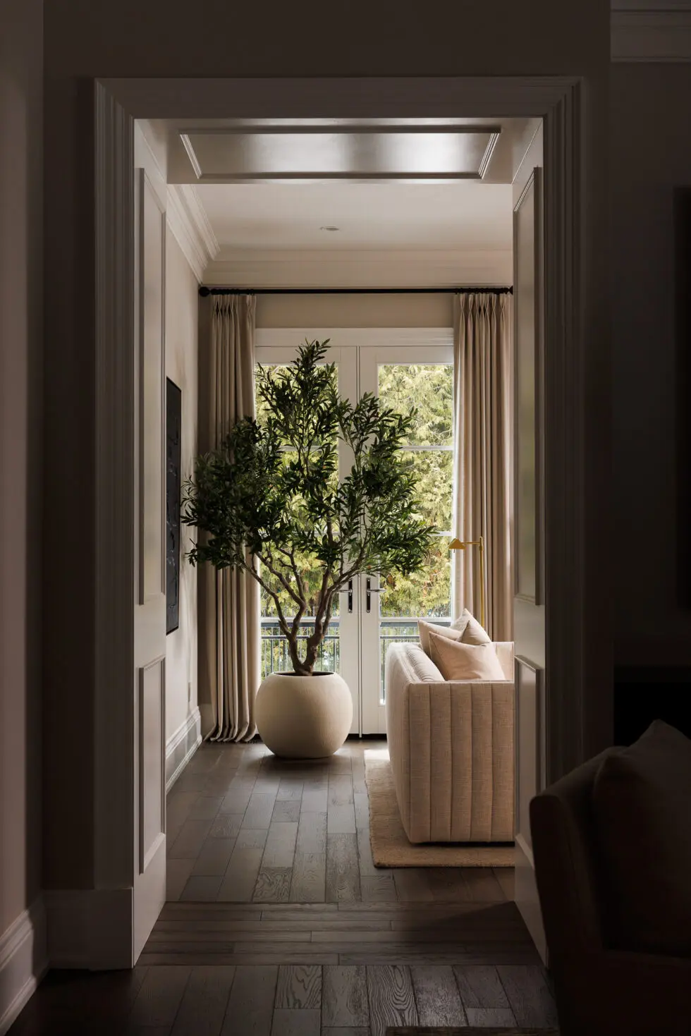 Elegant living space with a large potted olive tree, modern ribbed sofa, dark wood floors, and French doors leading to a green outdoor view.