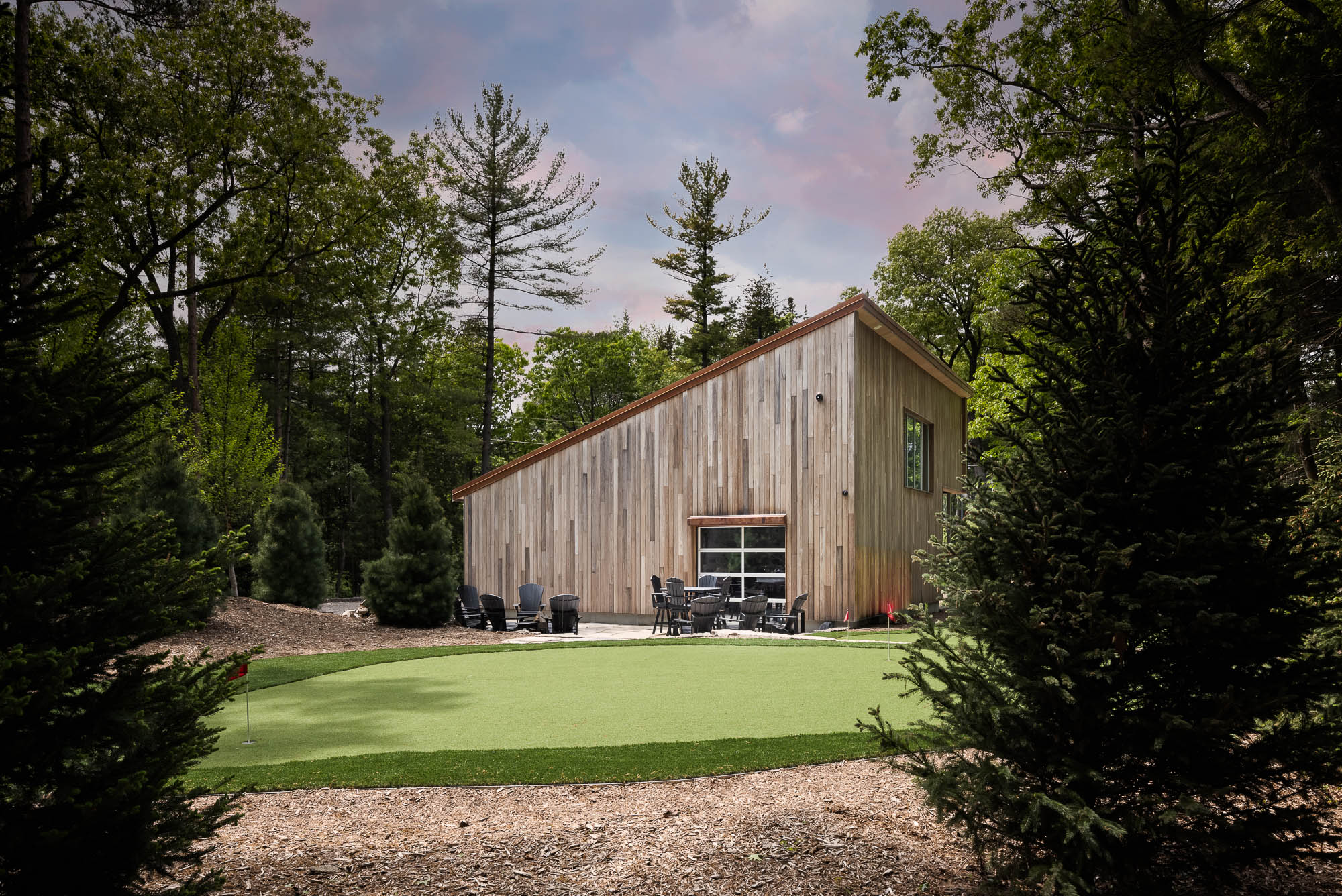 Contemporary Architecture in Forest Setting Modern wood building with a sedum roof nestled among tall pine trees in a forested landscape.