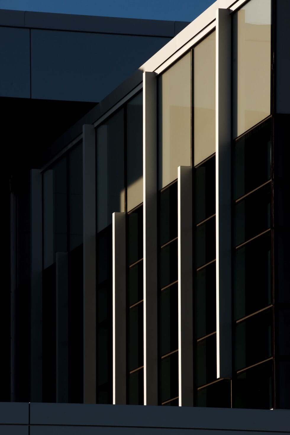 Abstract close-up of a modern building facade featuring vertical architectural lines and reflective windows, illuminated by strong golden sunlight contrasting with deep shadows.