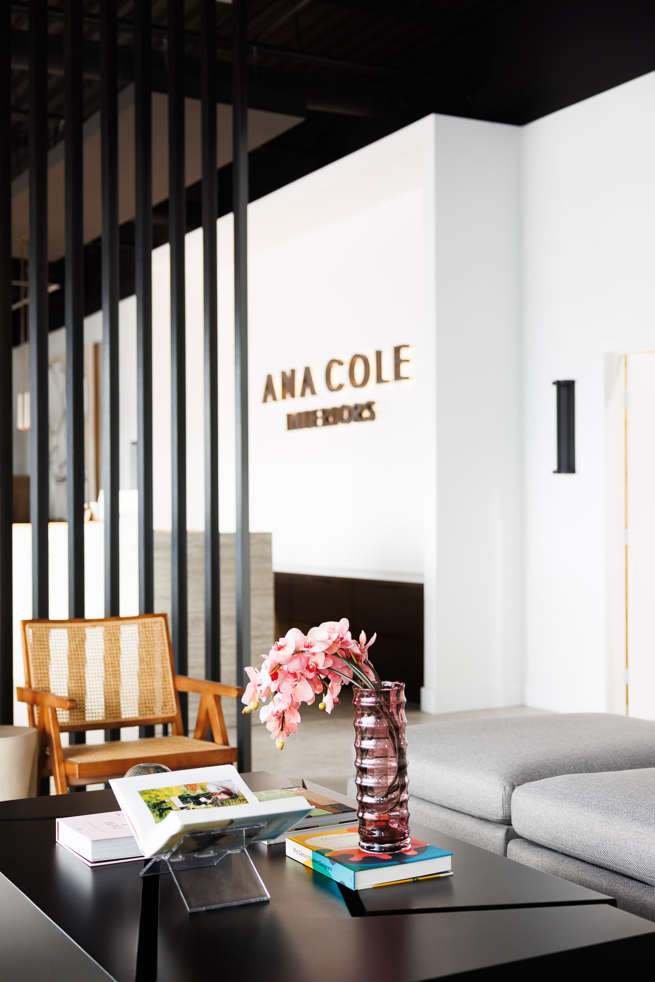 Professional Interior Design Showroom Interior view of a professional design showroom with 'Ana Cole Interiors' signage, pink orchids, and modern furniture.